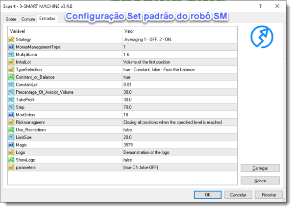 Configuração e Set padrão do Robô SM 3.4.0