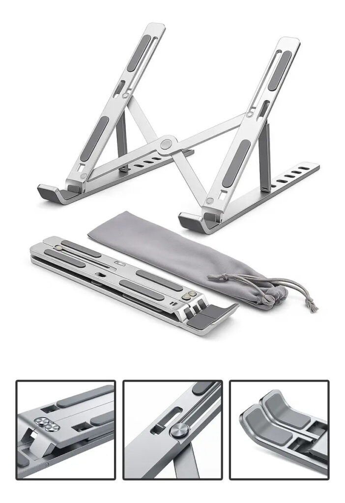 Suporte Para Notebook e Macbook de Alumínio Dobrável Prateado Ajuste de Altura e Inclinação Confortáve Base Antiderrapante Portátil Articulado Reforçado Ergonomico Universal Para 14 a 20 Polegadas